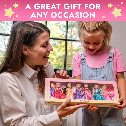 Princess Dolls Playset for Kids Ages 3+ - 6 Mini Dolls with Gowns, Crowns & Jewelry - Fantasy Role Play Gift Box