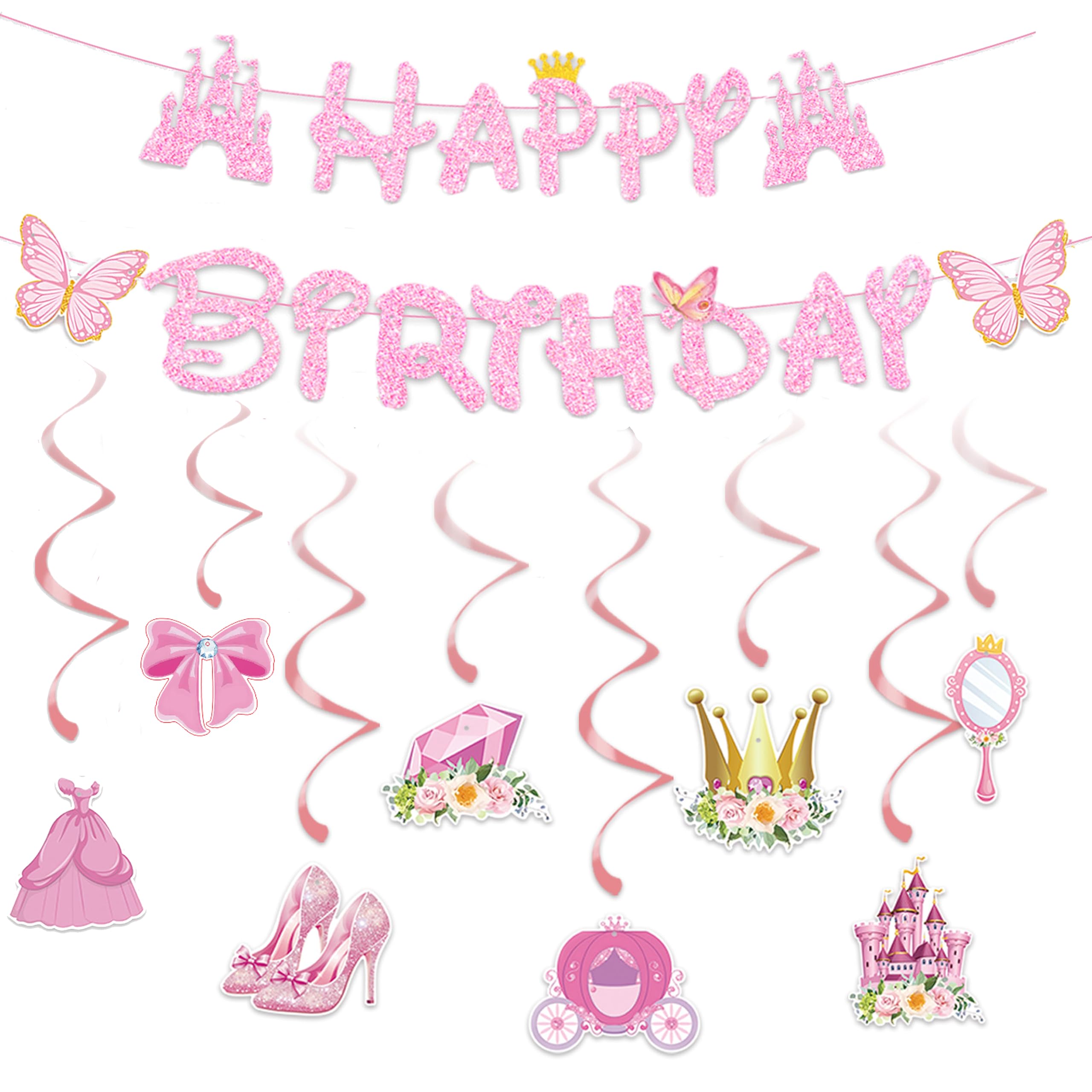 Pink Princess Birthday Banner for Girls 1st Birthday Party
| Floral Pink Gold Princess Castle Crown Carriage Paper Cuto