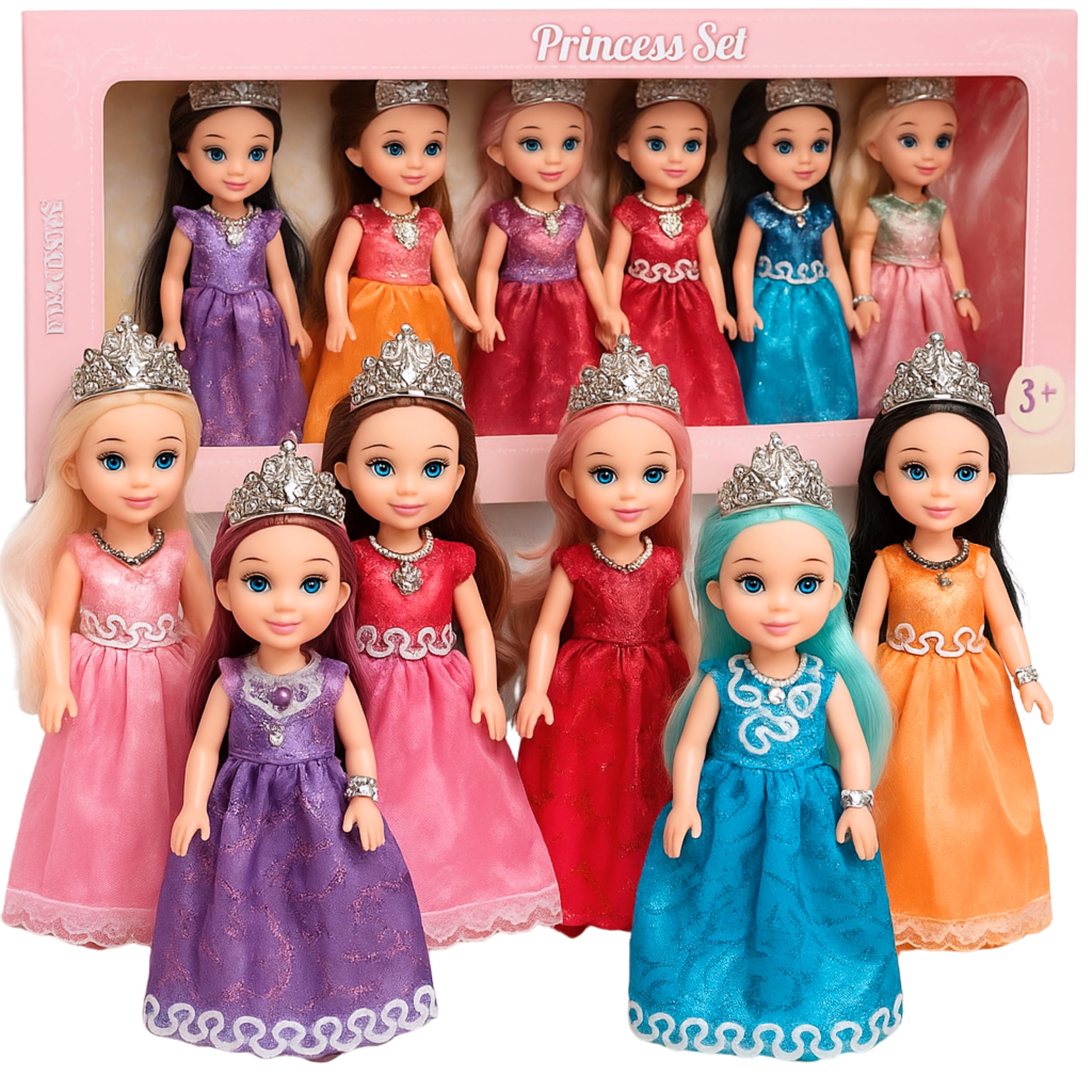 Princess Dolls Playset for Kids Ages 3+ - 6 Mini Dolls with Gowns, Crowns & Jewelry - Fantasy Role Play Gift Box